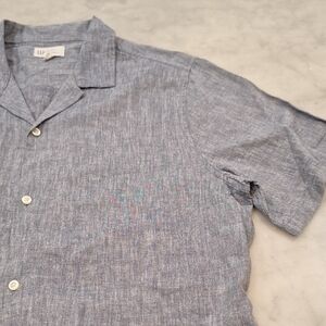 Gap Standard Fit Button Up Shortsleeve Shirt Linen Blend Sz L Blue Chambray